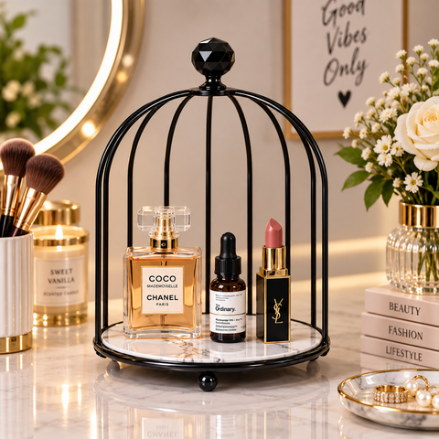 Elegant 2-Tier Black Birdcage Makeup Organizer – Vanity & Cosmetic Holder