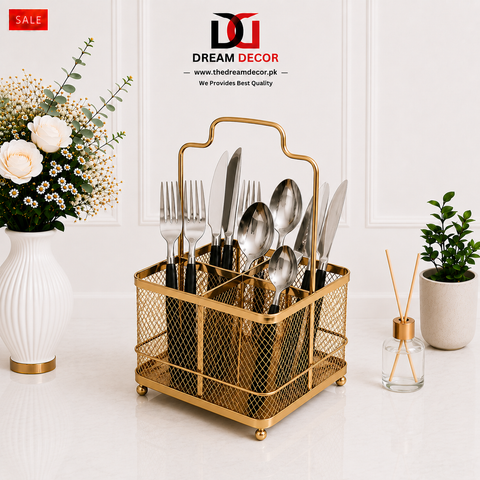 Golden Metal Mesh Cutlery Organizer Caddy with Handle
