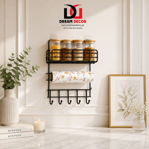 Wall Mounted Kitchen Organizer Rack with Paper Towel Holder & Hooks – Black