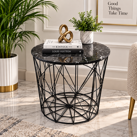 Modern Wooden Top Side Table – Black Metal Frame