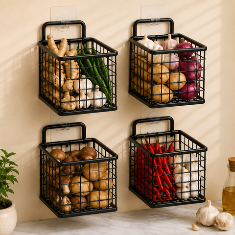 Round Wall Mounted Kitchen Storage Basket – Self Adhesive Metal Organizer