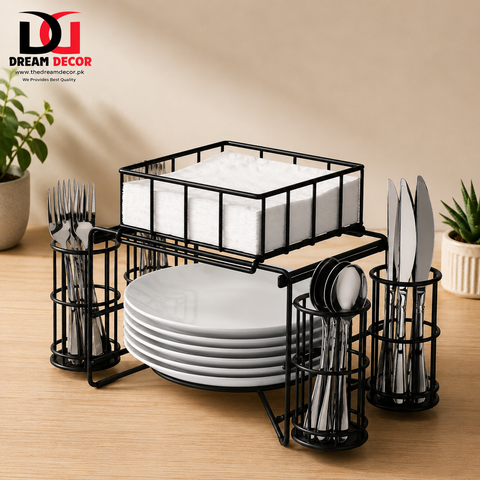 3-in-1 Luxury Metal Buffet Organizer – Plate, Cutlery & Napkin Holder