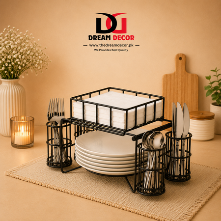 3-in-1 Luxury Metal Buffet Organizer – Plate, Cutlery & Napkin Holder