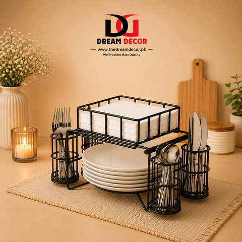 3-in-1 Luxury Metal Buffet Organizer – Plate, Cutlery & Napkin Holder