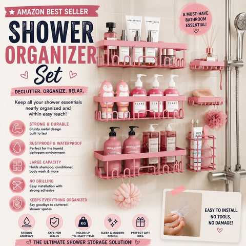 Pink Adhesive Bathroom Corner Shelf Set – 5 Pcs Wall Mounted Organizer