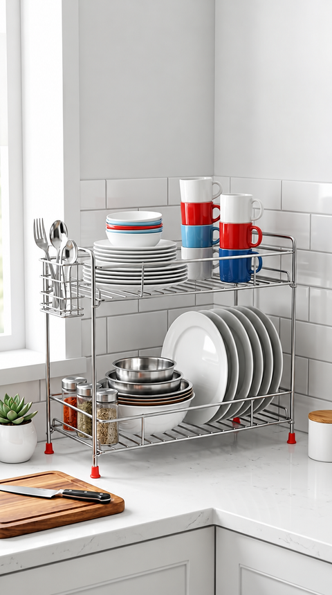2-Tier Premium Kitchen Dish Rack & Organizer – Silver