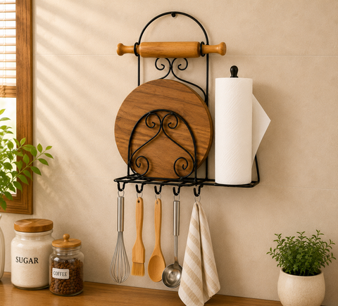 Wall Mounted Kitchen Organizer Rack with Paper Towel Holder